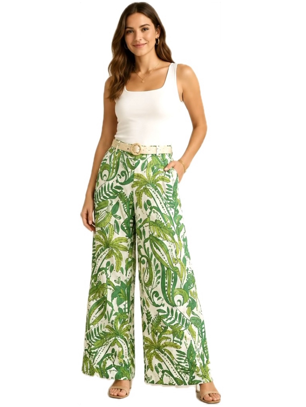 Rachel Zoe Tropical Wide Belted Pants Green and Cream Size Small